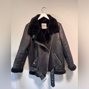 zara faux leather suede shearling bomber jacket size M